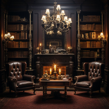 Step into a bygone era with this image of a cozy library interior that exudes a vintage charm. The richly decorated room features antique bookshelves, ornate wooden tables, and plush velvet armchairs. The warm glow of a classic chandelier illuminates the space, highlighting the intricate details of the surroundings. Nostalgic accessories like a quill pen, inkwell, and a stack of yellowed parchment add to the ambiance. Softly flickering candlelight and weathered leather-bound books on the shelves complete the scene, inviting viewers to step back in time and immerse themselves in the wonder of literature.の素材