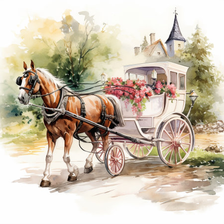 Immerse yourself in the captivating beauty of nature with this visually stunning watercolor artwork. The scene depicts a serene countryside landscape, adorned with vibrant wildflowers and rolling hills. A meticulously crafted horse-drawn carriage gracefully travels along a winding path, exuding rustic charm with its aged wooden exterior and intricate details. The majestic horses, adorned with elegant harnesses, symbolize both grace and strength as they effortlessly pull the carriage. Inside the carriage, passengers dressed in timeless attire reflect the spirit of nature, their eyes filled with joy and wonder. This artwork evokes a sense of tranquility, nostalgia, and a deep connection to the natural world.の素材