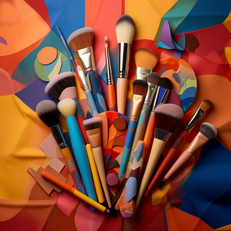 Be captivated by this eye-catching, vibrant image inspired by cubism. Explore a surreal masterpiece where brushes and applicators take on unconventional shapes and sizes, seamlessly blending into the overall composition. Each brush and applicator boasts a distinct personality and purpose, enticing artists and crafters alike. The image sparks a sense of excitement and possibility, fueling the viewer's imagination with boundless creative potential.の素材
