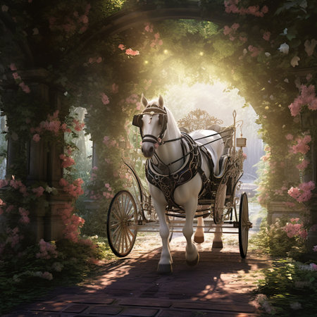 Embark on an enchanting journey through lush green scenery with Whispering Hooves, a horse-drawn carriage adorned with beautiful floral decorations. As you sit inside, surrounded by the tranquility of nature, the horses - majestic and elegant - gracefully pull the carriage. Their flowing manes dance in the breeze, adding an ethereal touch to the scene. Soft sunlight filters through the trees, casting a magical glow and creating an atmosphere of wonder. Experience the joy and enchantment of this captivating carriage ride.の素材