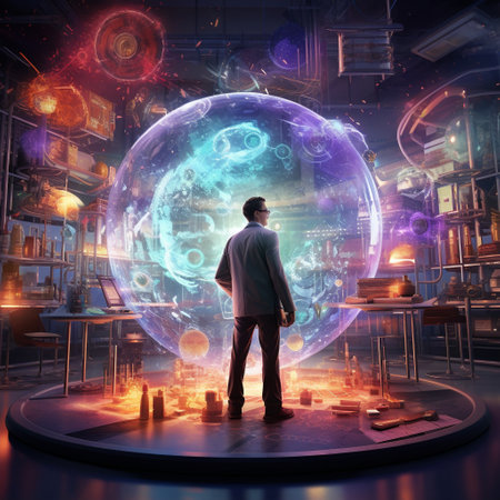 Step into the world of scientific exploration with this captivating image of a scientist unveiling a ground-breaking discovery in a vibrant and futuristic laboratory. Witness the exciting moment when boundaries are pushed and new dimensions of possibilities are unlocked. The laboratory is bursting with vibrant colors and futuristic equipment, creating an atmosphere that is both awe-inspiring and intriguing.の素材
