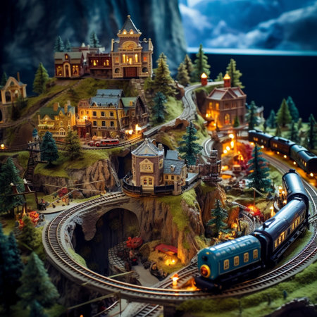 Prepare to be captivated by this fantastical model train track set that takes you on a whimsical journey through a magical world. Vibrant colors, intricate details, and a touch of whimsy bring this scene to life. The miniature trains, adorned with unique decorations like glowing lights and intricate patterns, travel through lush landscapes, towering mountains, and enchanting landmarks. This captivating image will ignite your imagination, spark curiosity, and fill you with wonderment.の素材