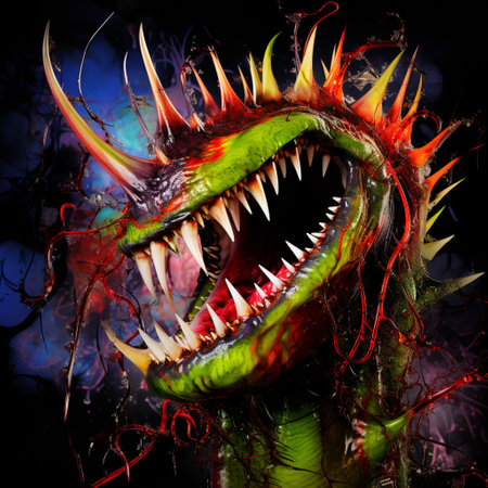 Experience the raw power and sinister beauty of Nature's Fanged Predator, the Venus Flytrap, through this abstract modern art creation. The image showcases the vivid colors and intricate details of the flytrap's fangs as it captures its prey, while conveying the botanical wonder and danger it embodies. This captivating artwork is perfect for photographers, designers, and advertisers on microstock sites, as it evokes curiosity and adds a touch of awe to any project.の素材