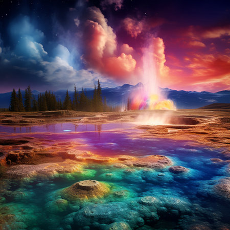 Be prepared to be mesmerized by this stunning and high-quality microstock image of a captivating geothermal geyser or hot spring. Witness the enchanting elements where Earth meets the sky in this surreal depiction that blends vibrant colors and dream-like atmosphere. Let your imagination run wild as you explore these geothermal gems portrayed in a unique art style that transcends reality, leaving viewers in a state of wonder and awe.の素材