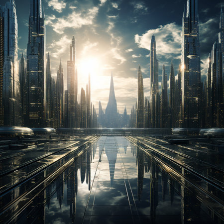 Experience a vision of the future with this stunning image of a cityscape made entirely of gleaming zinc structures. The towering buildings reach towards the sky, creating a mesmerizing sight of radiating light and reflections bouncing off the metallic surfaces. The modern and sleek art style showcases the intricate details of the zinc structures, while emphasizing their metallic sheen. Step into a world of innovation and wonder with this visually striking image, perfect for captivating attention and intrigue on microstock sites.の素材