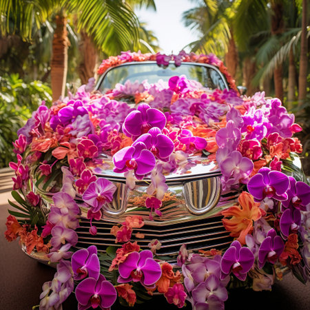 Immerse yourself in the enchanting world of a destination wedding with this vibrant tropical wedding car adorned with colorful orchids and palm leaves. This visually striking decoration seamlessly blends with the car, creating a truly magical scene that exudes a sense of tropical bliss. The elegant and modern art style of this image appeals to individuals planning their dream wedding and searching for decorative inspiration on microstock sites.の素材