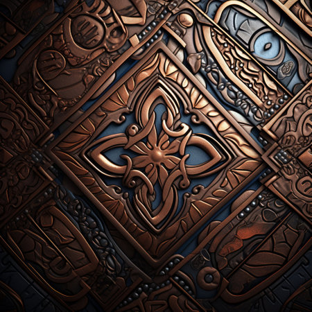 Explore the enigmatic world of this intricate patterned leather texture artwork. With a mystical theme, this artwork showcases detailed leather textures adorned with hidden symbols and ancient motifs. The art style resembles that of a high-quality photograph, featuring sharp focus and rich depth of field, making it perfect for microstock sites.の素材
