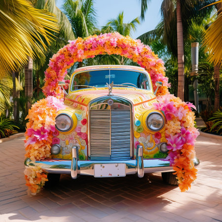 Immerse yourself in the enchanting world of a destination wedding with this vibrant tropical wedding car adorned with colorful orchids and palm leaves. This visually striking decoration seamlessly blends with the car, creating a truly magical scene that exudes a sense of tropical bliss. The elegant and modern art style of this image appeals to individuals planning their dream wedding and searching for decorative inspiration on microstock sites.の素材