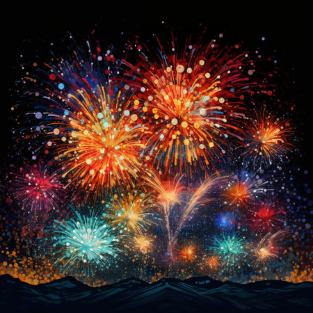 Experience the awe-inspiring beauty of a mesmerizing pyrotechnic display in this abstract illustration. Bursting with vibrant colors, it resembles galaxies exploding in a dazzling night sky. The fireworks are scattered across the image, forming countless constellations with trails of swirling sparks.の素材