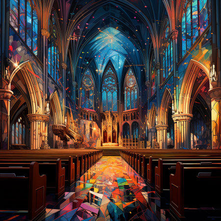 Experience the enchantment of a stunning cathedral illuminated by moonlight, where tall stained glass windows cast colorful hues onto the pews. This captivating scene captures a sense of quiet reverence as worshipers gather for a solemn and beautiful midnight Mass during a holy night.の素材