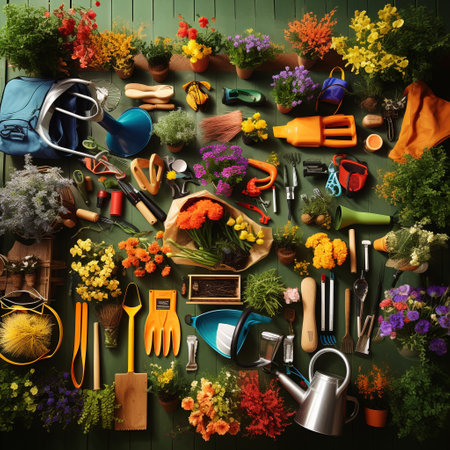 Immerse yourself in the beauty of an vibrant, lush garden in this eye-catching image. The scene showcases a neatly organized toolshed overflowing with an array of simplified gardening tools perfect for beginners. From ergonomic shovels to lightweight water cans, user-friendly gardening gloves, and innovative planting kits, every tool is designed to make gardening effortless and enjoyable for newcomers. The bright and cheerful art style brings this garden to life, enticing and inspiring viewers to explore the world of gardening with ease.の素材