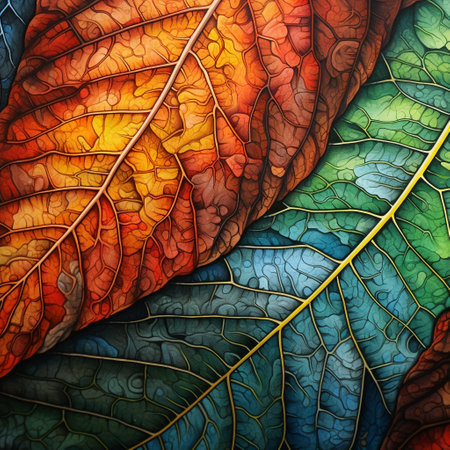 Get ready to be amazed by this close-up view of a vibrant leaf with intricate textures! This stunning image captures the beauty of nature in intricate detail, showcasing the vibrant colors and delicate textures of the leaf's surface. With a combination of hyperrealism and abstract art style, this image is a testament to the skillful portrayal of nature's beauty.の素材