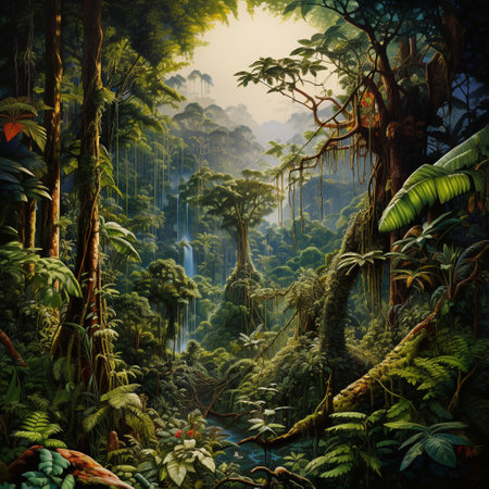 Experience the delicate balance between mankind and nature in 'Revered Rainforest: Preserving the Heartbeat of Nature'. This visually captivating artwork combines vibrant realism and abstract surrealism to showcase a lush rainforest teeming with life and energy. Ingeniously incorporating elements of sustainability and eco-consciousness, the image portrays the intricate harmony between human existence and the preservation of the world's most precious ecosystems. From highlighting sustainable practices to illustrating innovative renewable energy solutions, this art piece sparks a collective consciousness towards the importance of environmental preservation.の素材