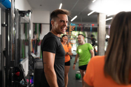A male coach talking to one of their trainees at the gymの写真素材