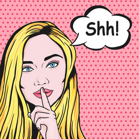 Vector pop art comic woman holding finger on lips for Quiet silence. Woman with message Shhh for stop talk, mouth shut!のイラスト素材
