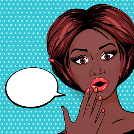 Pop Art Surprised African American woman with open mouth on dotted background. Retro Shocked Woman Face Vector Illustration.のイラスト素材