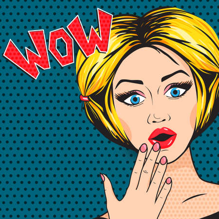 Pop Art Shocked Woman with open mouth, WOW message in comic style. Retro Blonde Surprised woman, vector illustration.のイラスト素材