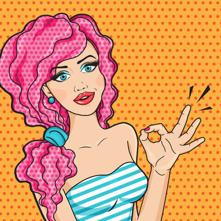 Pop art young woman smiling and showing OK sign, pop art comic style vector illustration with copy spaceのイラスト素材