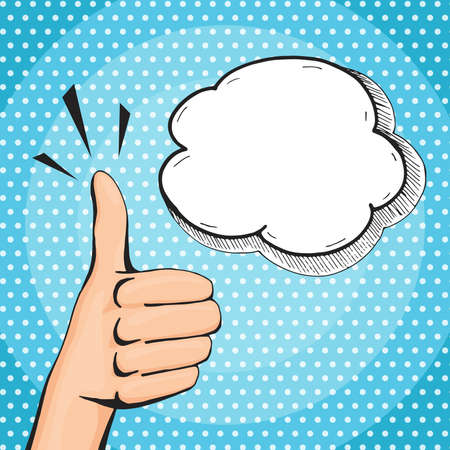 Retro pop art thumb up hand sign, woman hand showing like with speech bubble, comic style vector illustration.のイラスト素材