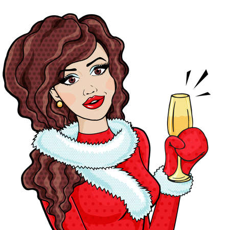 Woman in red Christmas costume with champange glass in pop art retro comic style isolated on white, vector illustrationのイラスト素材