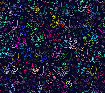 Vector hand drawn lettering I Love You, colorful doodle Valentine Day seamless pattern, bright romantic background for designのイラスト素材