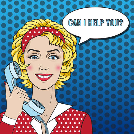 Pop art woman chatting on the phone, vector in comics style with message "can I help you?" Smiling blond support woman with phone.のイラスト素材