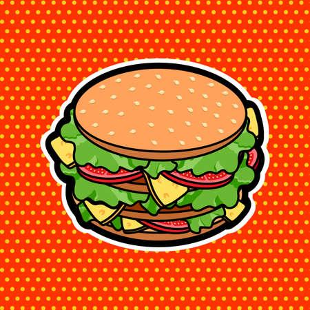 Pop art retro style burger sandwich, vector tasty fast food icon in comic styleのイラスト素材