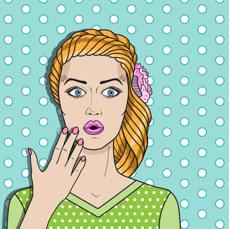 Pop art woman confused, red hair surprised woman. Comic woman vector for advertising poster or card.のイラスト素材