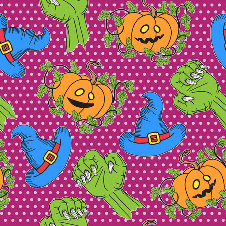 Halloween seamless pattern with cute pumpkin, zombie hands, wizard hat. Vector scary trick or treat background.のイラスト素材