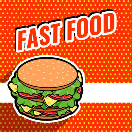Pop art fast food banner with tasty burger sandwich and space for your message, hamburger in comic styleのイラスト素材
