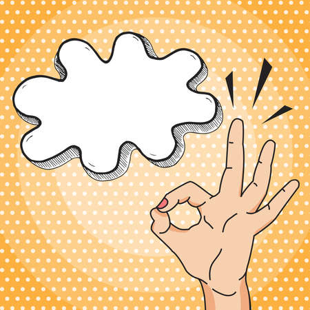 Cute OKAY vector illustration in pop art comic style, woman hand showing OK gesture with empty speech bubble for your textのイラスト素材