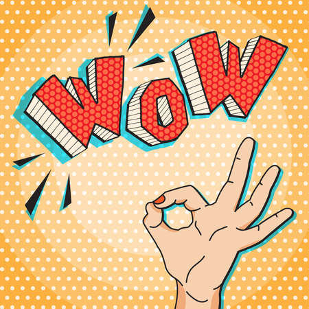 WoW comic pop art style vector ilustration with OK hand gesture.のイラスト素材