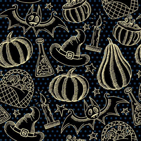 Vector graphic halloween pattern golden and black, hand drawn spooky halloween background with pumpkins, wizard hat, candy, magic pot and candle in doodle styleのイラスト素材
