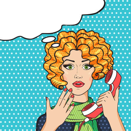 Redhead woman on phone pop art comic vector illustration, surprised woman with speech bubble for your messageのイラスト素材