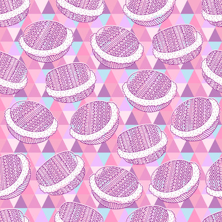 Vector seamless pink pattern with ornate macaroons - cute french sweets on geometric background.のイラスト素材