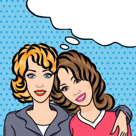 Married lesbian couple smile and hug, vector illustration in pop art comic style. Happy gay family hugs - businesswoman and housewife.のイラスト素材