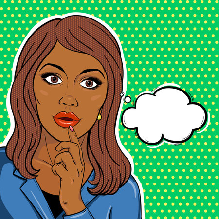 Vector african american business woman with thinking bubble in pop art comic style. African manager woman or business boss woman brainstorming concept.のイラスト素材