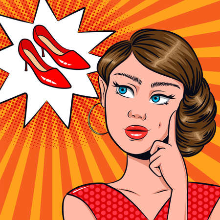 Woman thinking of buying new shoe, pop art comic style illustration. Brunette girl dreaming of red heelsのイラスト素材