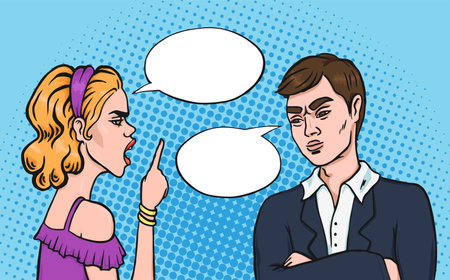 Couple Fighting with speech bubble for text, hand drawn pop art comics style vector illustration. Woman yelling on her man. Asian businessman and woman arguingのイラスト素材