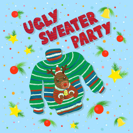 New Year and Christmas hand drawn banner Ugly Sweater Party with knitted lettering and sweater with deer print and ornaments, vector illustrationのイラスト素材