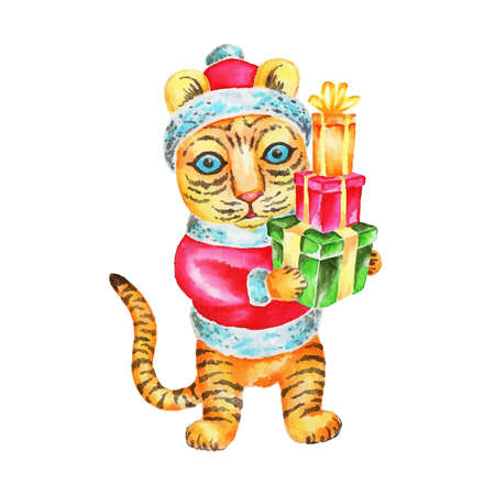 New Year Tiger cub in red costume holding gift boxes, hand painted watercolor illustration isolated on white background. Cute surprised Santa Tiger is a symbol of new year 2022のイラスト素材