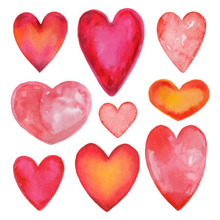 Hand painted in watercolor Valentines hearts set isolated on white backgroundの写真素材