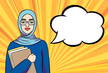 Young muslim student girl in hijab holding books and smiling with copy space for your text, hand drawn banner in pop art retro comics style, vector illustrationのイラスト素材
