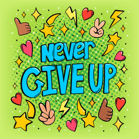Never Give Up hand drawn pop art poster in retro comic style, motivational inspirational word bubbleのイラスト素材