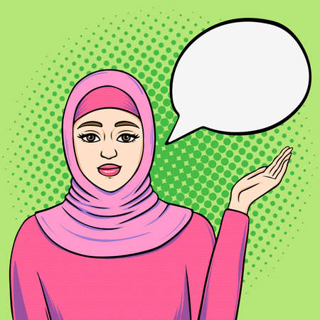 Happy young muslim woman in pink hijab showing with hand on empty speech cloud for your message, hand drawn vector illustration in retro pop art comic styleのイラスト素材