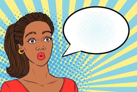 Pretty young African American woman shocked face with starry eyes and empty text cloud for your message, hand drawn vector illustration in retro pop art comics book styleのイラスト素材