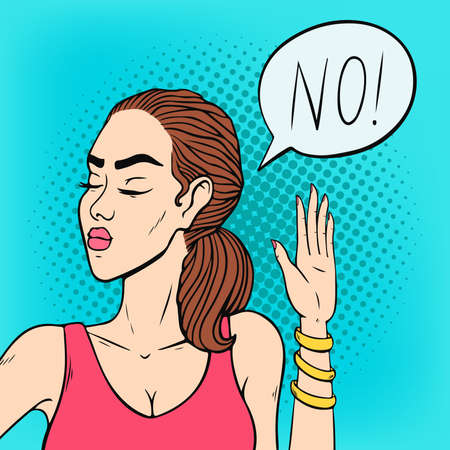 Angry face woman saying no and gesturing with hand stop, serious asian businesswoman pop art retro comic style vector illustrationのイラスト素材