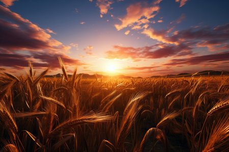Golden wheat field at sunset AI Generatedの素材
