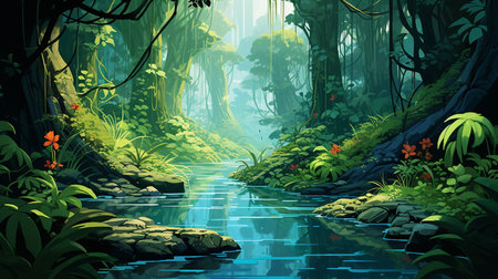 An illustration of a jungle river with trees and plants AI Generatedの素材