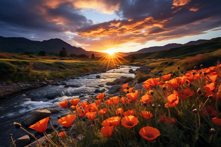 Poppy flowers field near river at sunsetÂ AI Generatedの素材